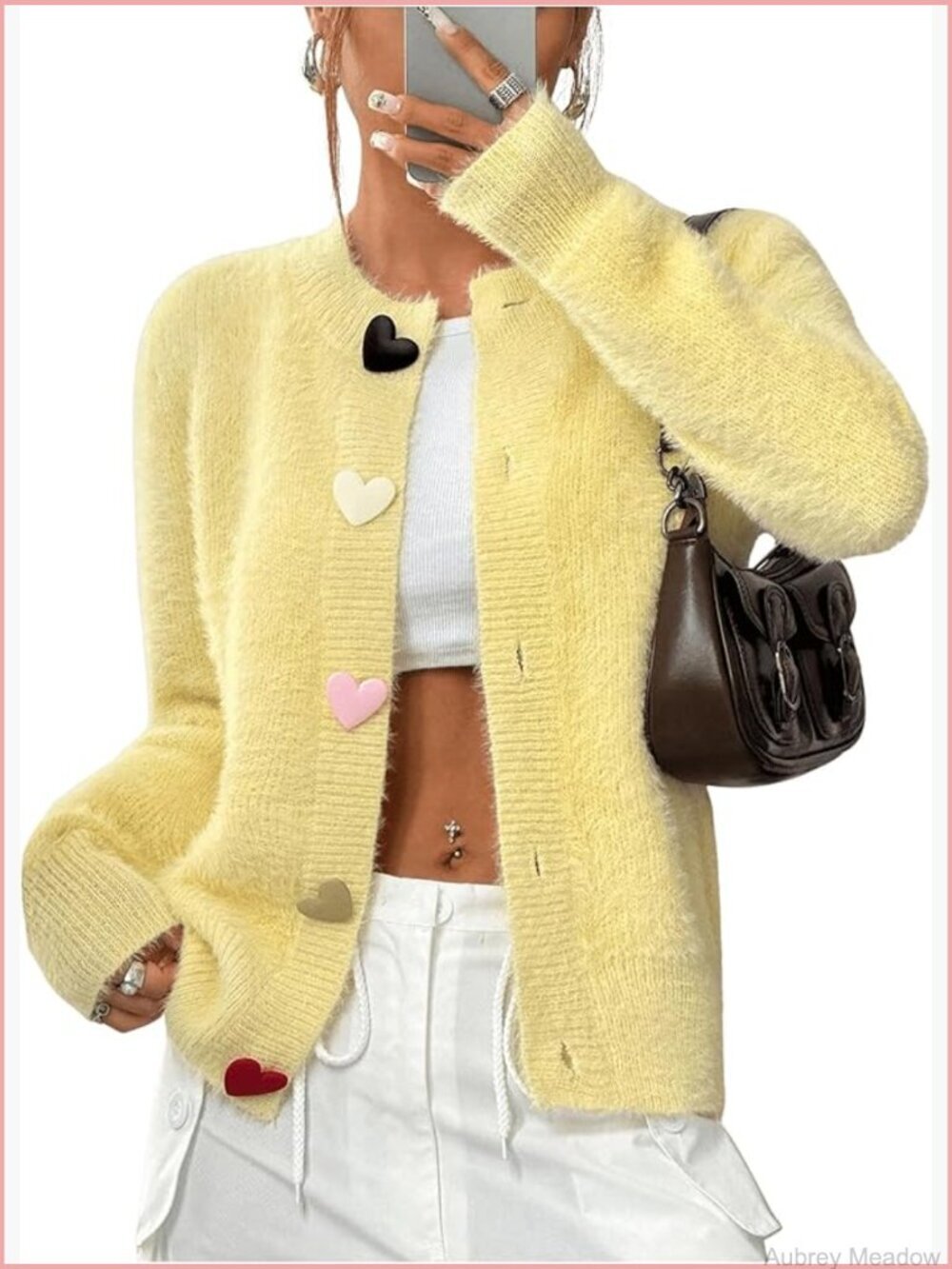 Fuzzy Heart Button Knit Open Front Cardigan Sweater